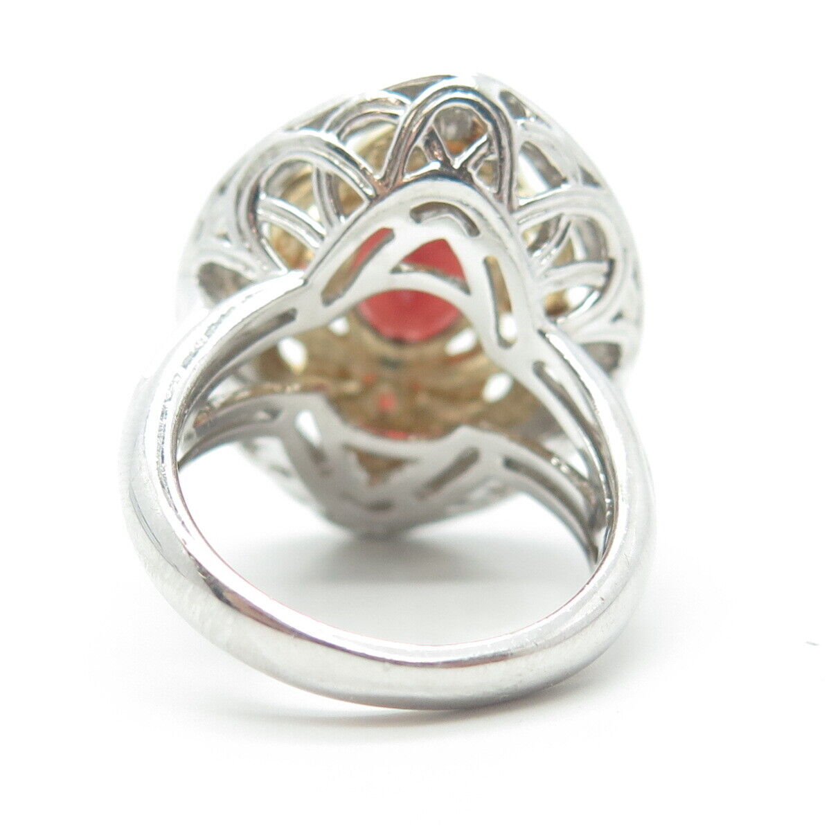 925 Sterling Silver 2-Tone Real Red Garnet Gem Floral Cocktail Ring Size 7