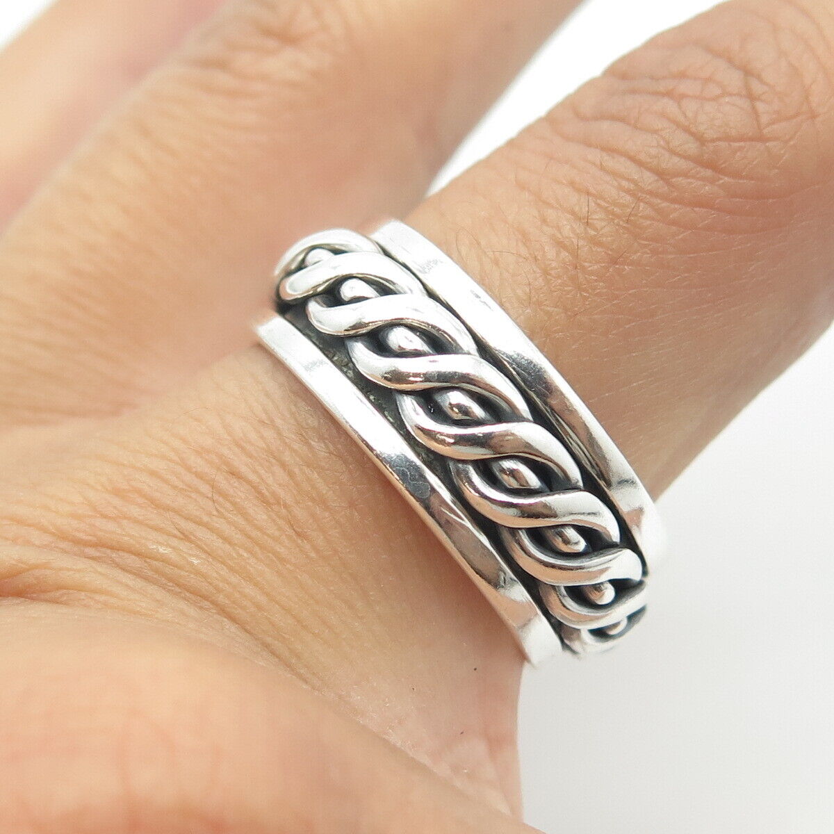 925 Sterling Silver Vintage Woven Rope Rotating Band Ring Size 11.25