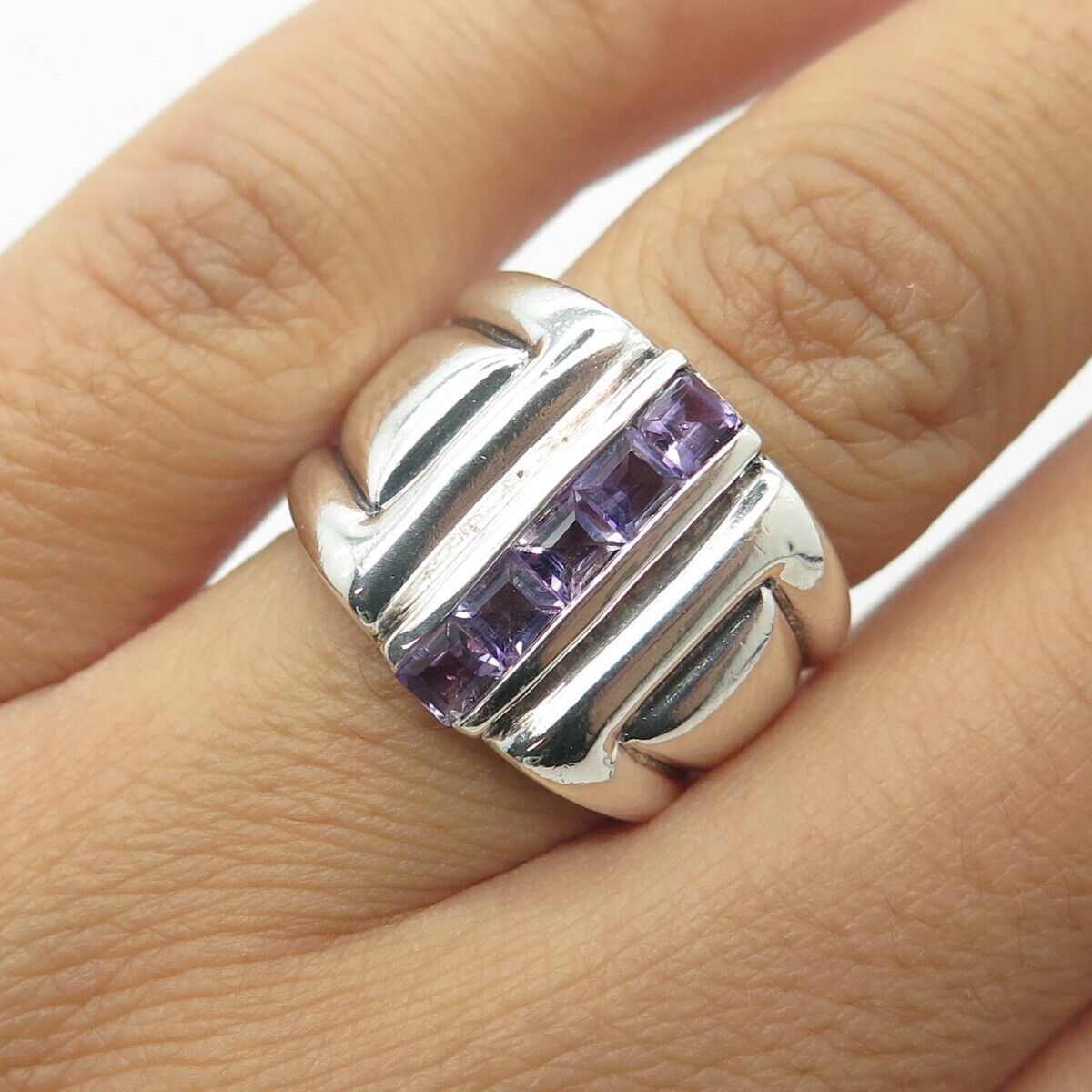 925 Sterling Silver Vintage Real Princess-Cut Amethyst Statement Ring Size 6.5