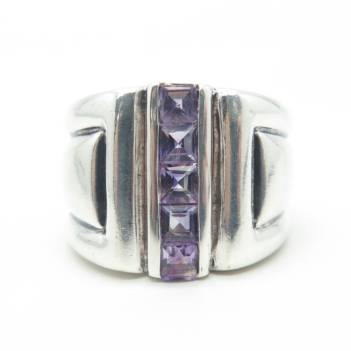 925 Sterling Silver Vintage Real Princess-Cut Amethyst Statement Ring Size 6.5