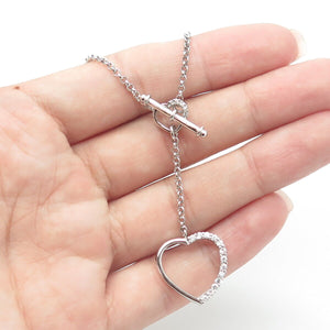925 Sterling Silver Round-Cut White C Z Heart Lariat Rolo Chain Necklace 18"