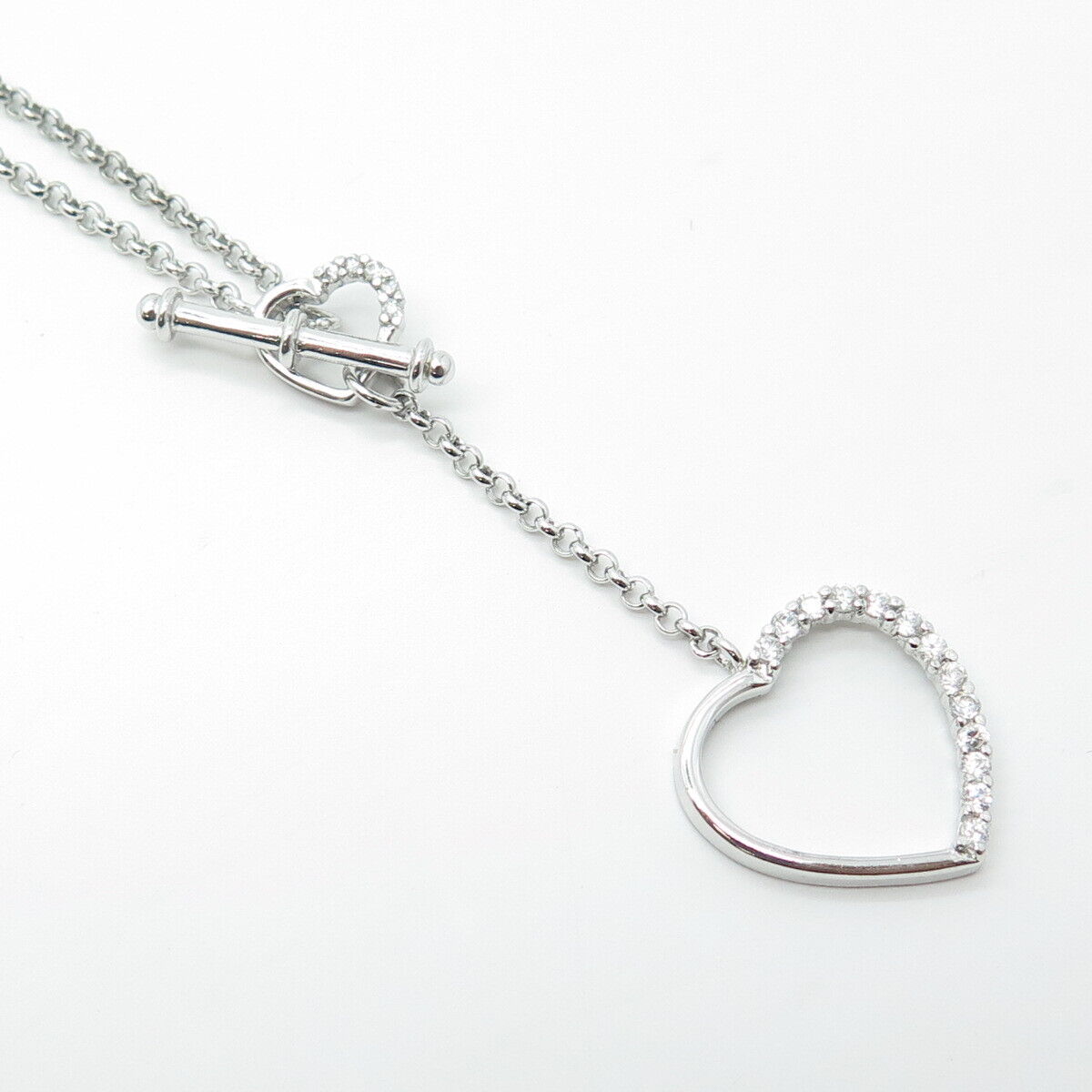 925 Sterling Silver Round-Cut White C Z Heart Lariat Rolo Chain Necklace 18"