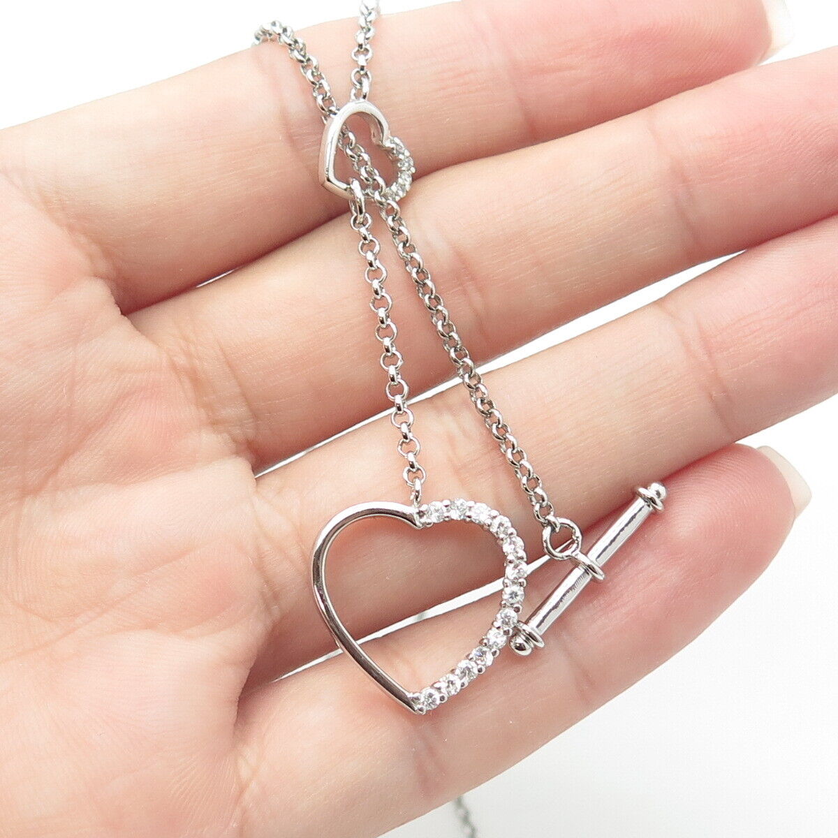 925 Sterling Silver Round-Cut White C Z Heart Lariat Rolo Chain Necklace 18"