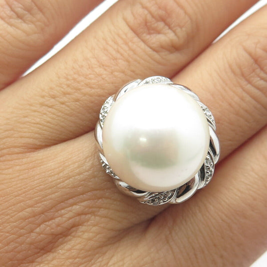 925 Sterling Silver Faux Pearl & C Z Cocktail Ring Size 9