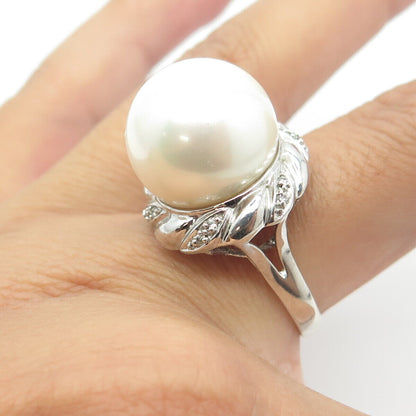 925 Sterling Silver Faux Pearl & C Z Cocktail Ring Size 9
