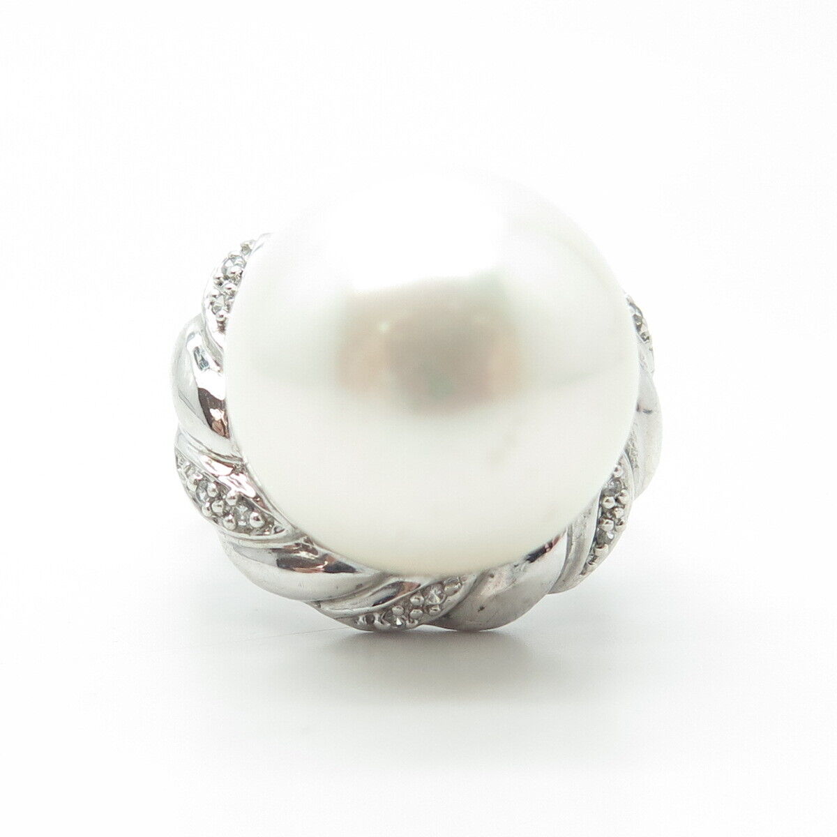 925 Sterling Silver Faux Pearl & C Z Cocktail Ring Size 9