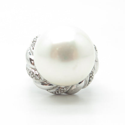 925 Sterling Silver Faux Pearl & C Z Cocktail Ring Size 9
