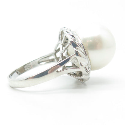 925 Sterling Silver Faux Pearl & C Z Cocktail Ring Size 9
