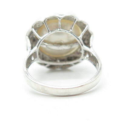 925 Sterling Silver Faux Pearl & C Z Cocktail Ring Size 9