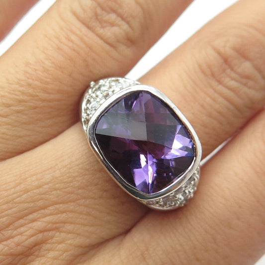 925 Sterling Silver Real Cushion-Cut Amethyst & White Topaz Ring Size 7.75