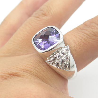 925 Sterling Silver Real Cushion-Cut Amethyst & White Topaz Ring Size 7.75