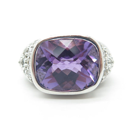 925 Sterling Silver Real Cushion-Cut Amethyst & White Topaz Ring Size 7.75