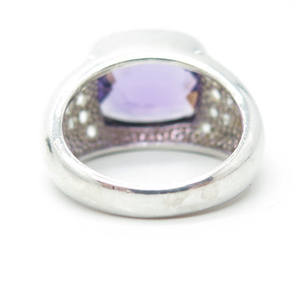 925 Sterling Silver Real Cushion-Cut Amethyst & White Topaz Ring Size 7.75