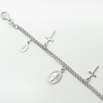 925 Sterling Silver St. Mary Cross Charm Beaded Rolo Link Bracelet 7"