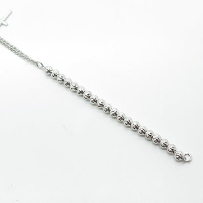 925 Sterling Silver St. Mary Cross Charm Beaded Rolo Link Bracelet 7"