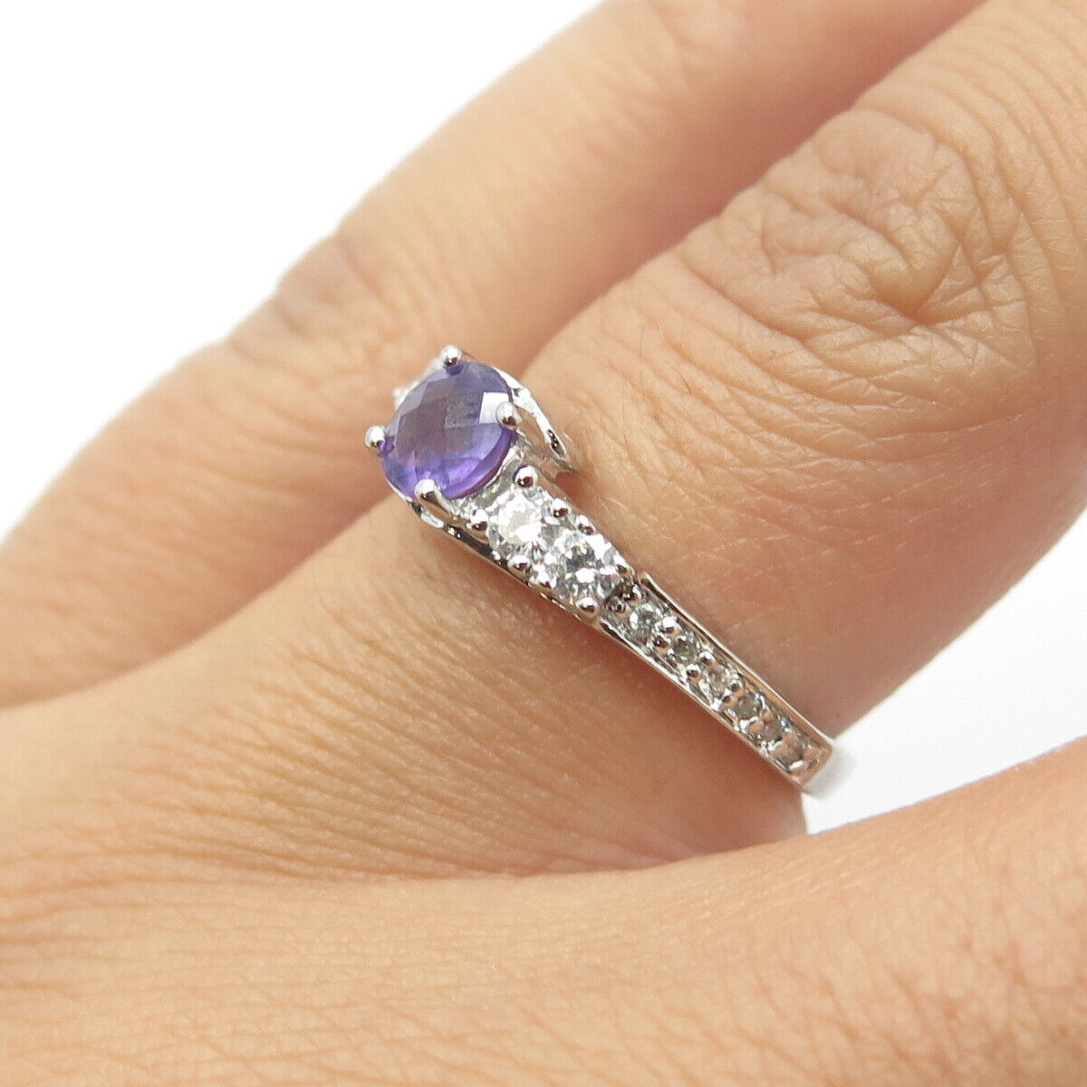 925 Sterling Silver Real Round-Cut Amethyst & C Z Engagement Ring Size 5.75