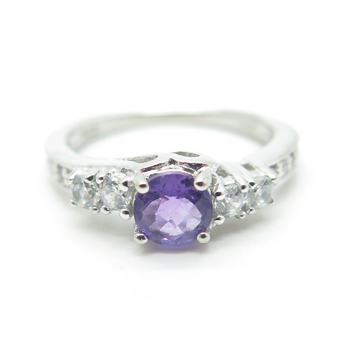 925 Sterling Silver Real Round-Cut Amethyst & C Z Engagement Ring Size 5.75