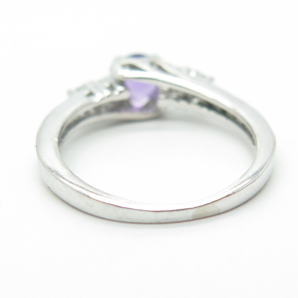 925 Sterling Silver Real Round-Cut Amethyst & C Z Engagement Ring Size 5.75