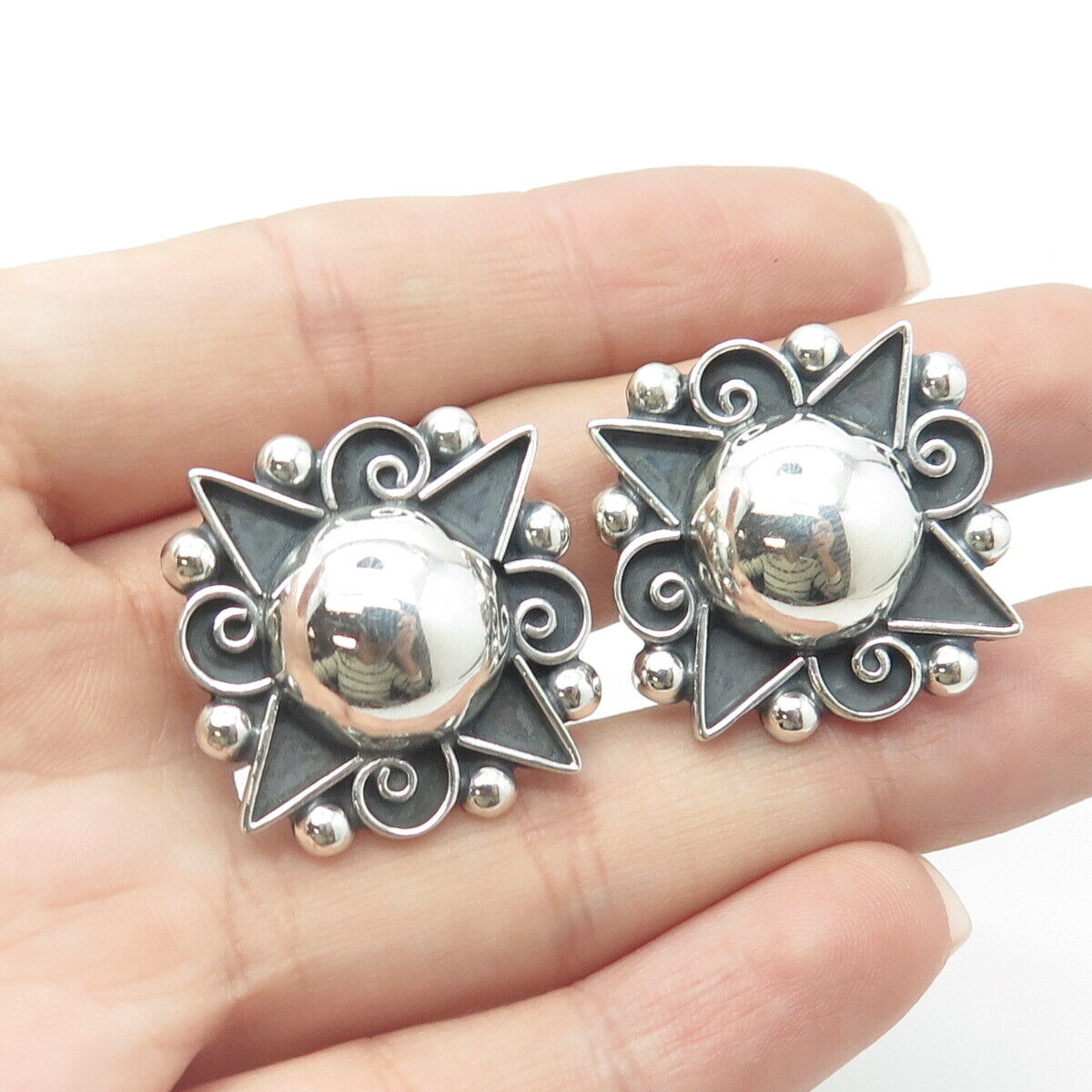 925 Sterling Silver Vintage Mexico Floral Spiral Clip On Earrings