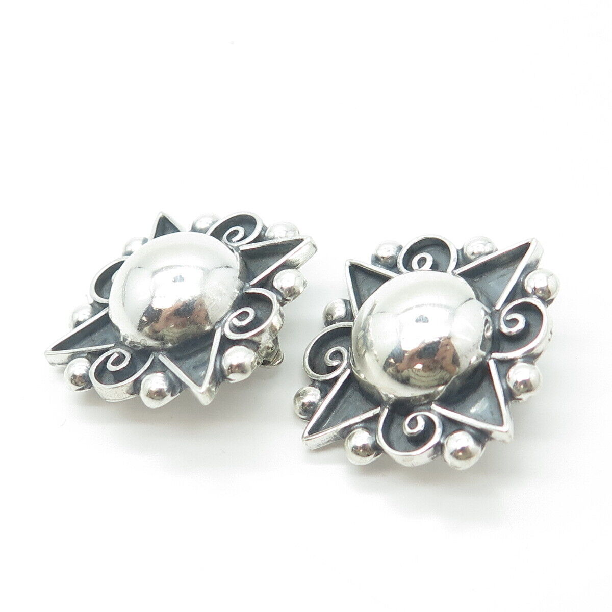 925 Sterling Silver Vintage Mexico Floral Spiral Clip On Earrings