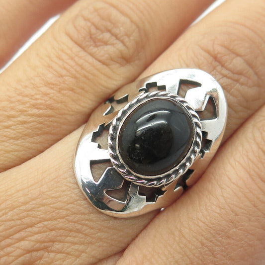 925 Sterling Silver Vintage Mexico Real Black Onyx Gem Statement Ring Size 7.75