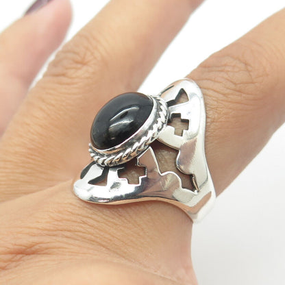 925 Sterling Silver Vintage Mexico Real Black Onyx Gem Statement Ring Size 7.75