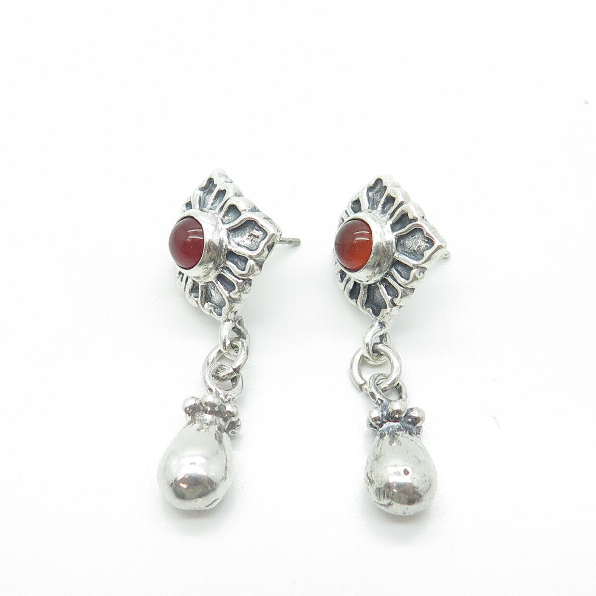 925 Sterling Silver Vintage Real Carnelian Gemstone Dangling Earrings