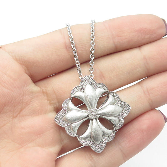 NAOMI 925 Sterling Silver Real Round-Cut White Diamond Floral Cross Necklace 18"