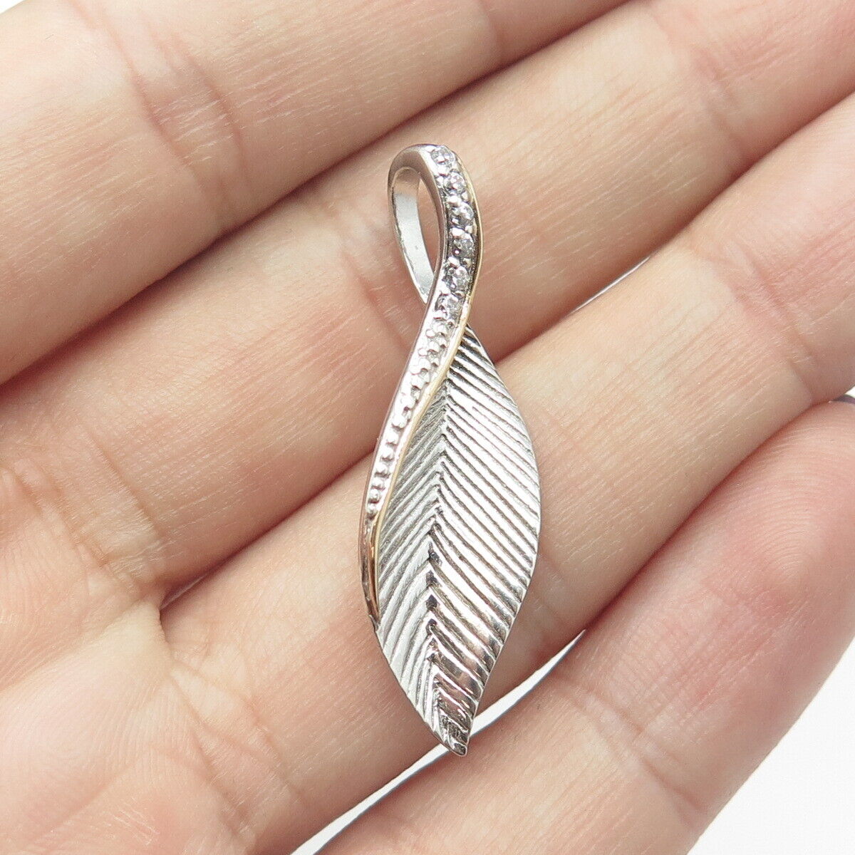 CHAPAL ZENRAY 925 Sterling Silver & 14K Gold C Z Twisted Leaf Floral Pendant