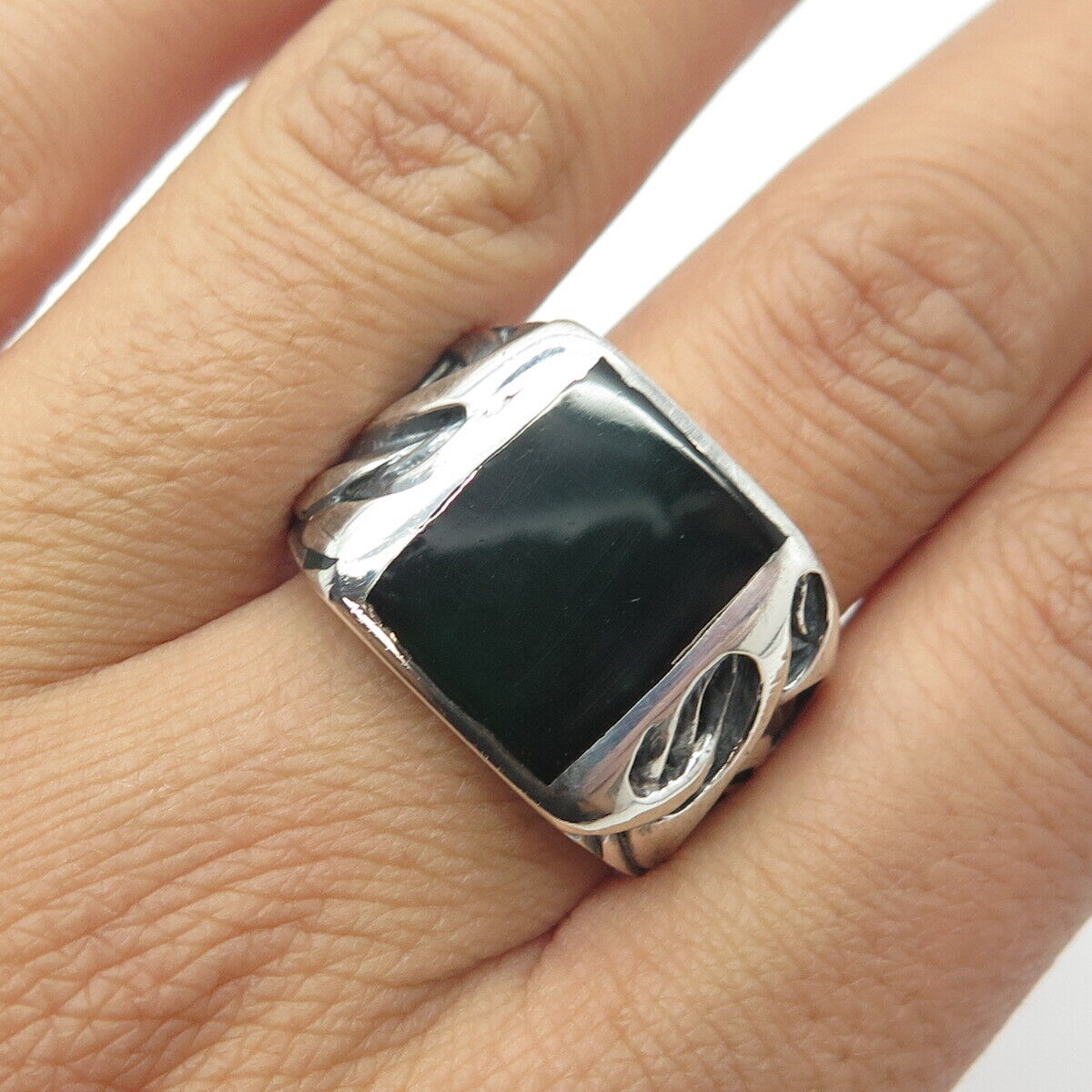 925 Sterling Silver Vintage Real Black Onyx Modernist Signet Ring Size 10.75