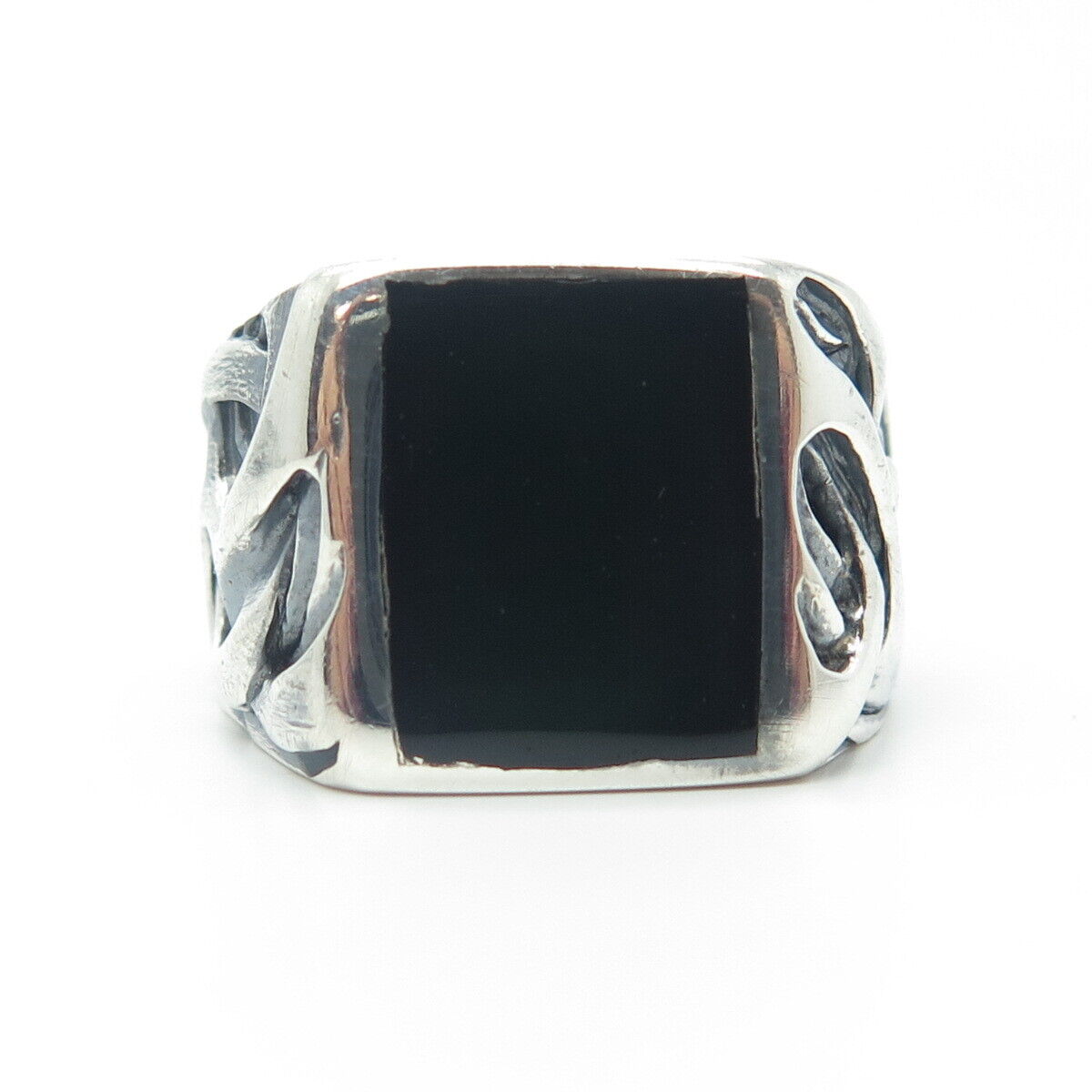 925 Sterling Silver Vintage Real Black Onyx Modernist Signet Ring Size 10.75