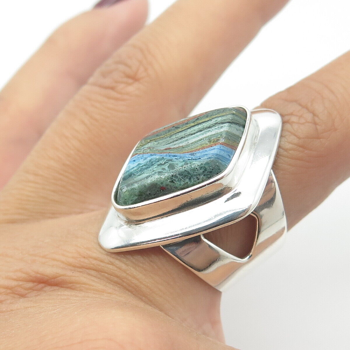JAY KING DESERT ROSE 925 Sterling Silver Vintage Rainbow Calsilica Ring Size 8.5