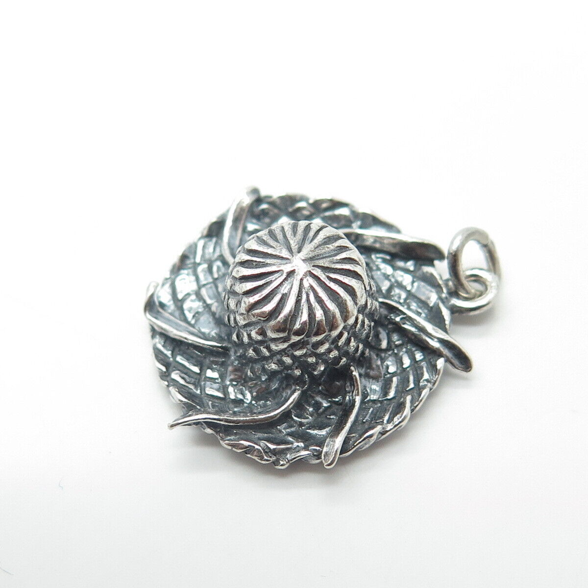 925 Sterling Silver Vintage Straw Hat Oxidized Charm Pendant