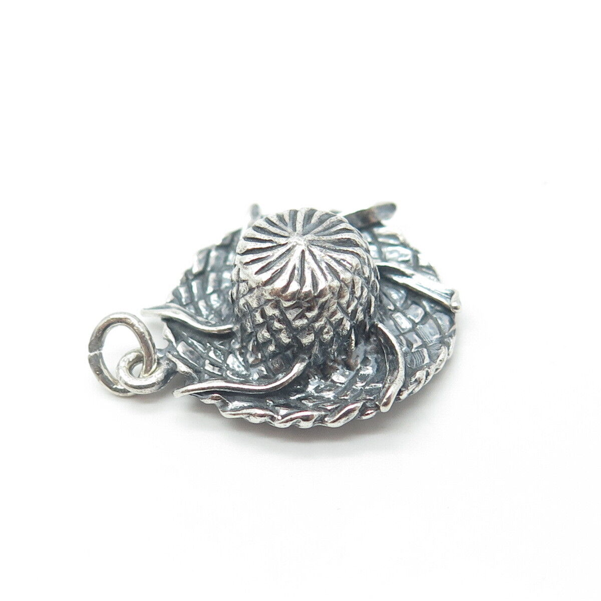 925 Sterling Silver Vintage Straw Hat Oxidized Charm Pendant