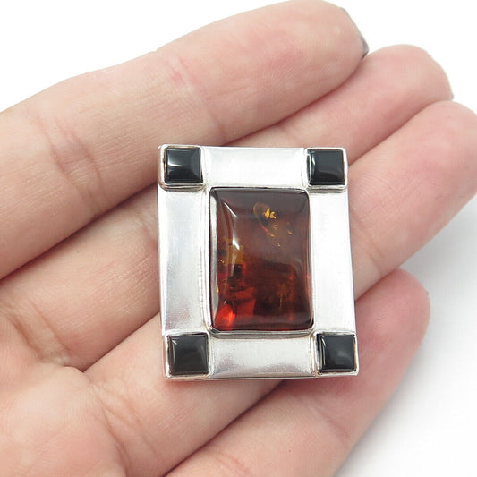 LORI BONN 925 Sterling Silver Vintage Real Amber & Black Onyx Pendant