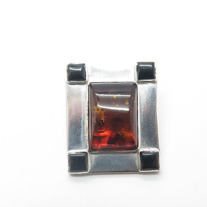 LORI BONN 925 Sterling Silver Vintage Real Amber & Black Onyx Pendant