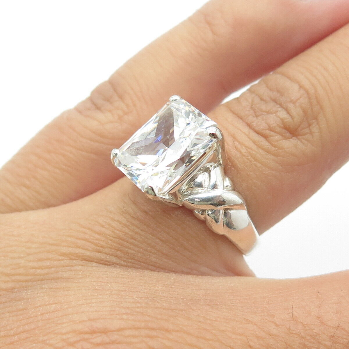 925 Sterling Silver Radiant-Cut White C Z Engagement Ring Size 6