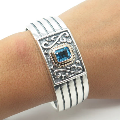 ROSS SIMONS 925 Sterling Silver 14K Gold Vintage Blue Topaz Cuff Bracelet 7.5"