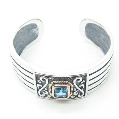 ROSS SIMONS 925 Sterling Silver 14K Gold Vintage Blue Topaz Cuff Bracelet 7.5"