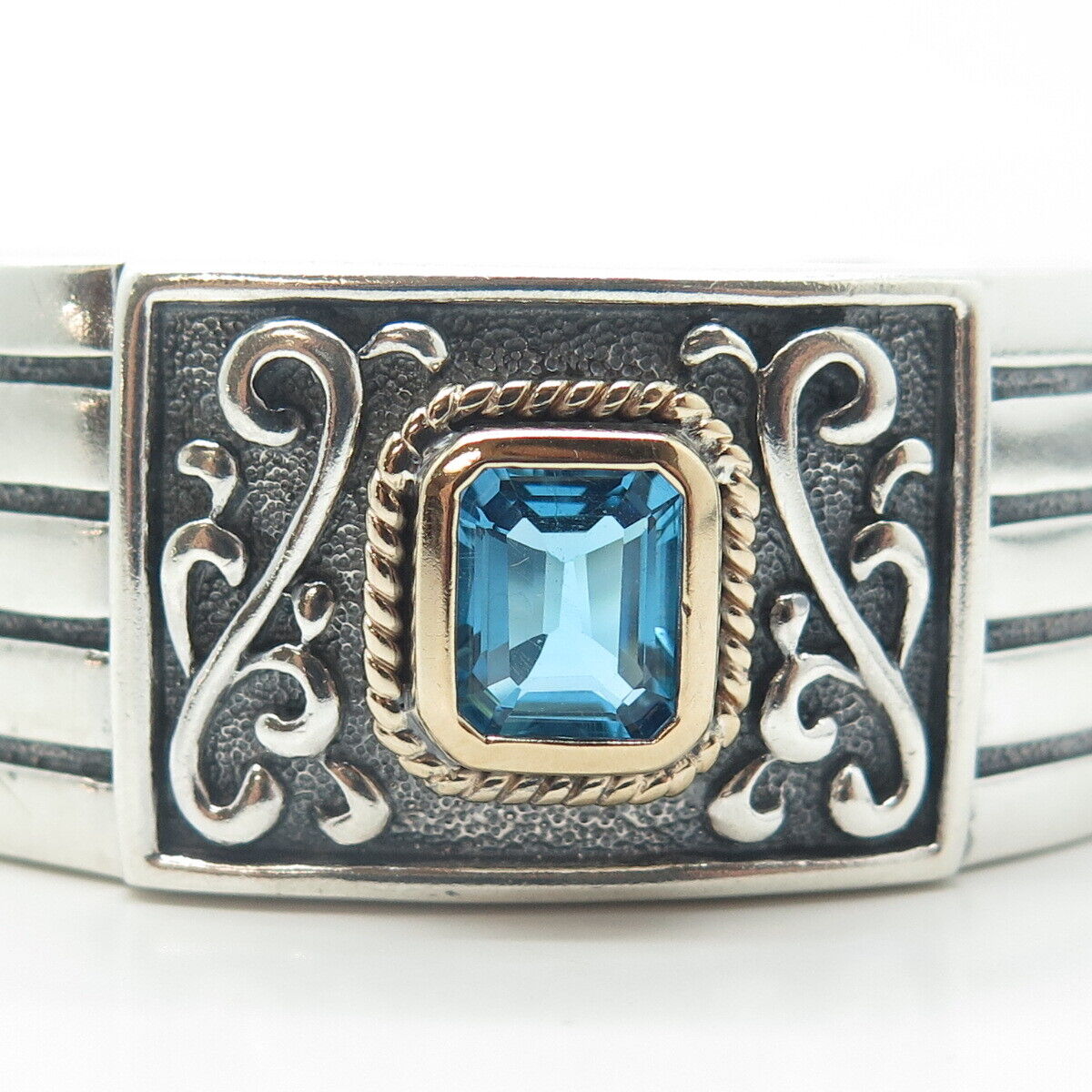 ROSS SIMONS 925 Sterling Silver 14K Gold Vintage Blue Topaz Cuff Bracelet 7.5"