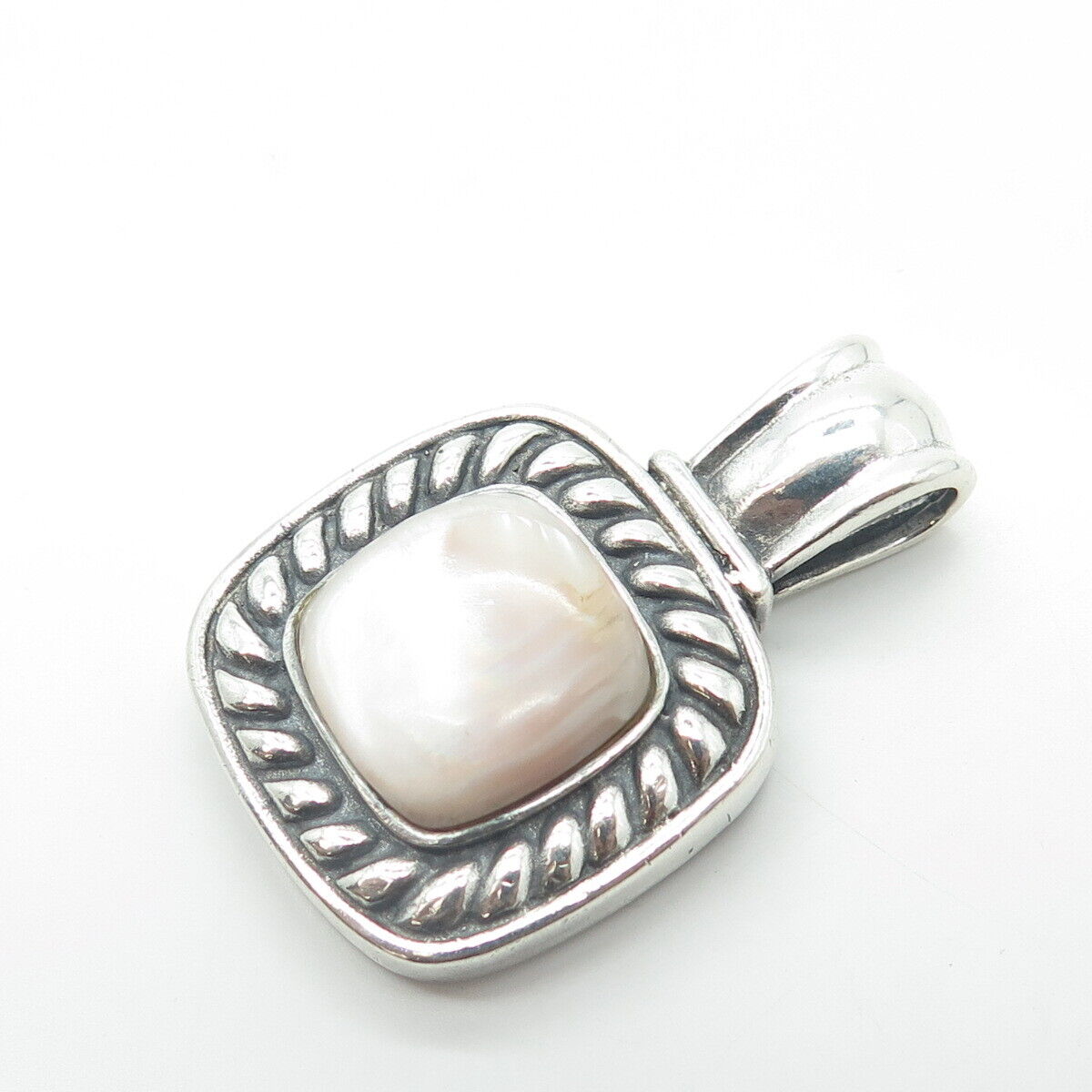 925 Sterling Silver Vintage Mother-Of-Pearl Roped Frame Square Pendant