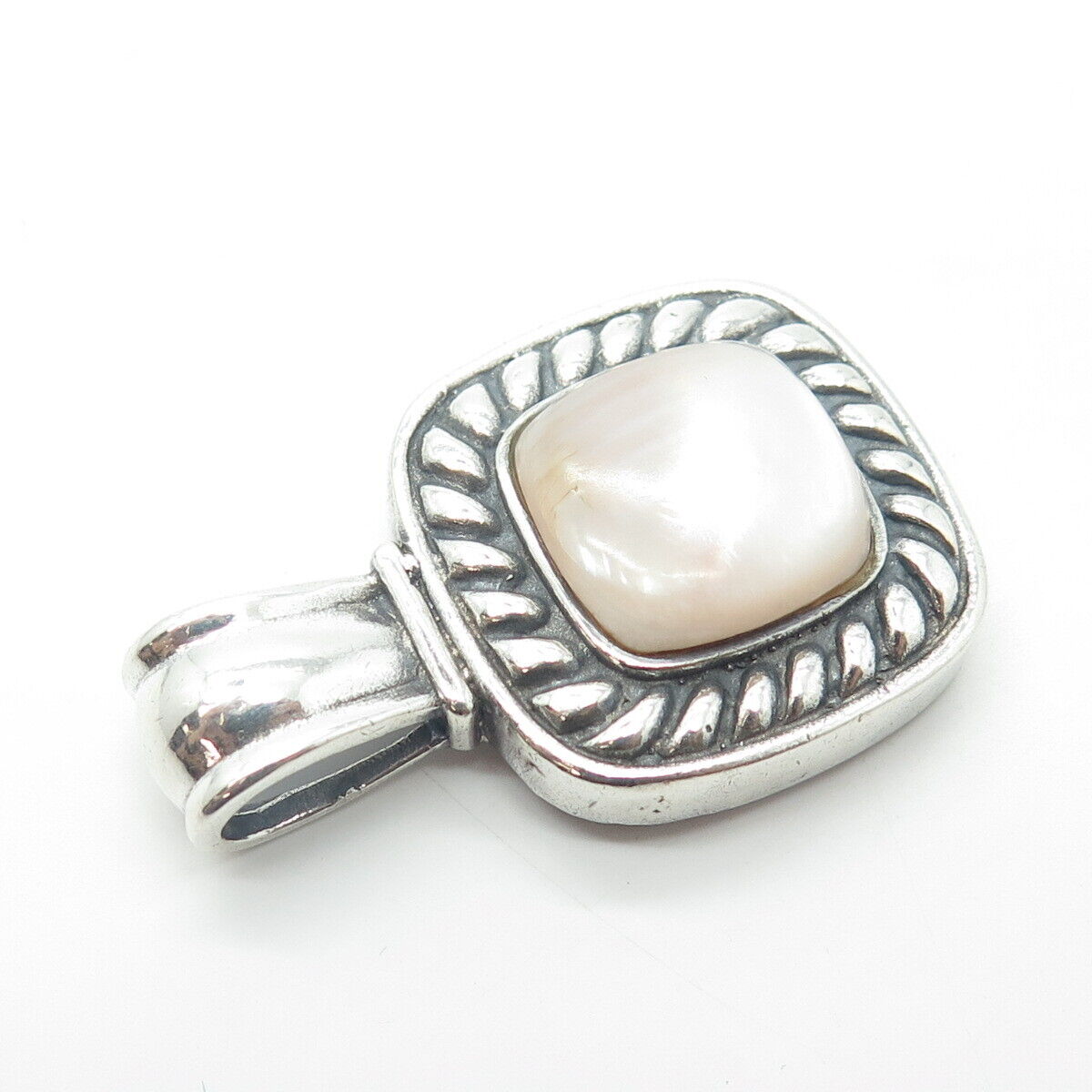 925 Sterling Silver Vintage Mother-Of-Pearl Roped Frame Square Pendant