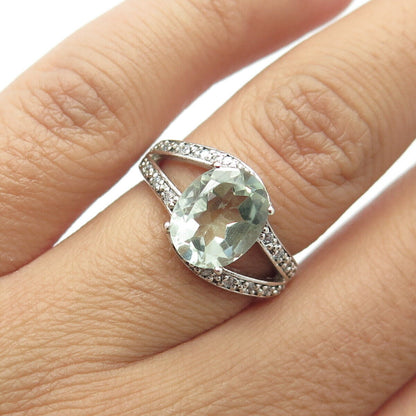 925 Sterling Silver Real Green Amethyst & C Z Engagement Ring Size 6