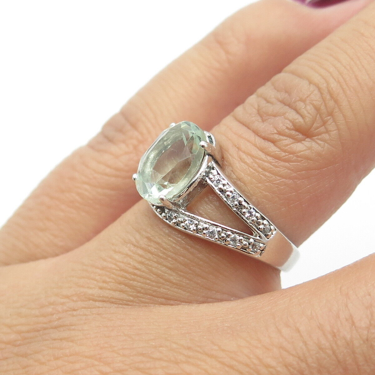 925 Sterling Silver Real Green Amethyst & C Z Engagement Ring Size 6