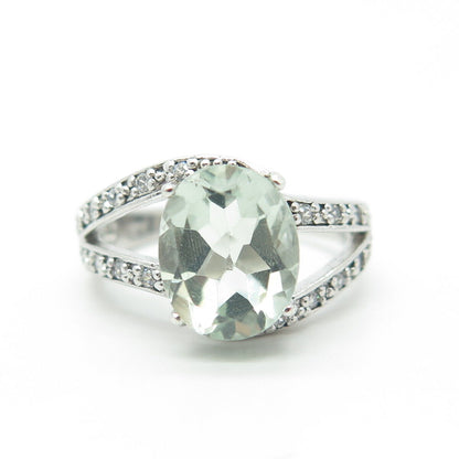 925 Sterling Silver Real Green Amethyst & C Z Engagement Ring Size 6