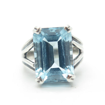 925 Sterling Silver Vintage Real Emerald-Cut Blue Topaz Ring Size 6.5