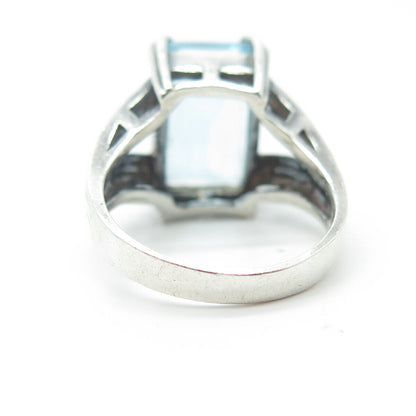 925 Sterling Silver Vintage Real Emerald-Cut Blue Topaz Ring Size 6.5