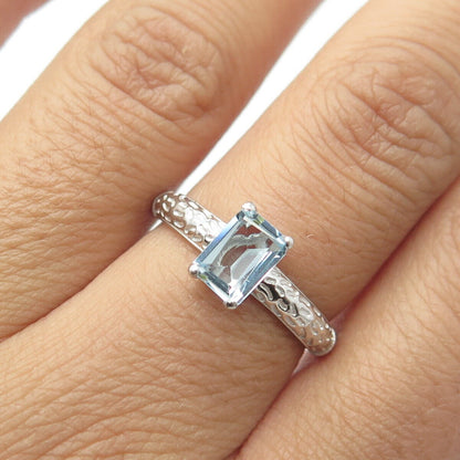 D'JOY 925 Sterling Silver Real Emerald-Cut Blue Topaz Engagement Ring Size 7