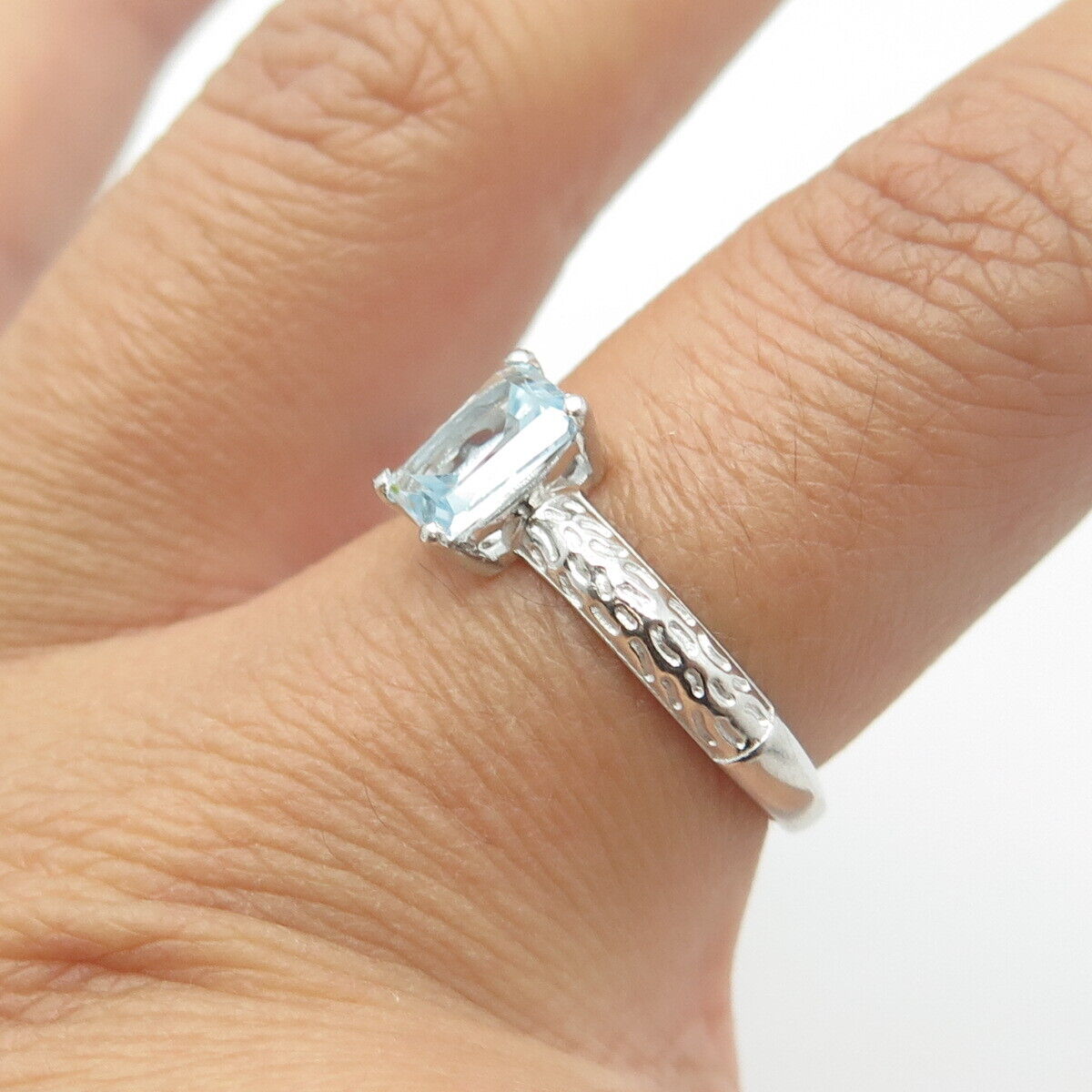 D'JOY 925 Sterling Silver Real Emerald-Cut Blue Topaz Engagement Ring Size 7