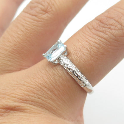 D'JOY 925 Sterling Silver Real Emerald-Cut Blue Topaz Engagement Ring Size 7